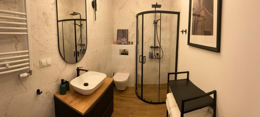 a bathroom with a shower and a sink and a toilet at Apartament Olecko Nad Jeziorem in Olecko