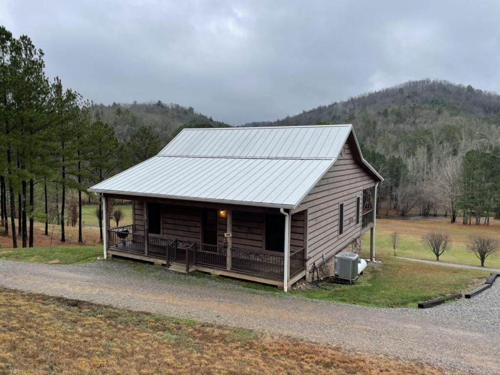 Peaceful Pearl Bear Home - Field Trails and Fishing Nearby في Tellico Plains: كابينة خشبية مع سقف معدني على حقل