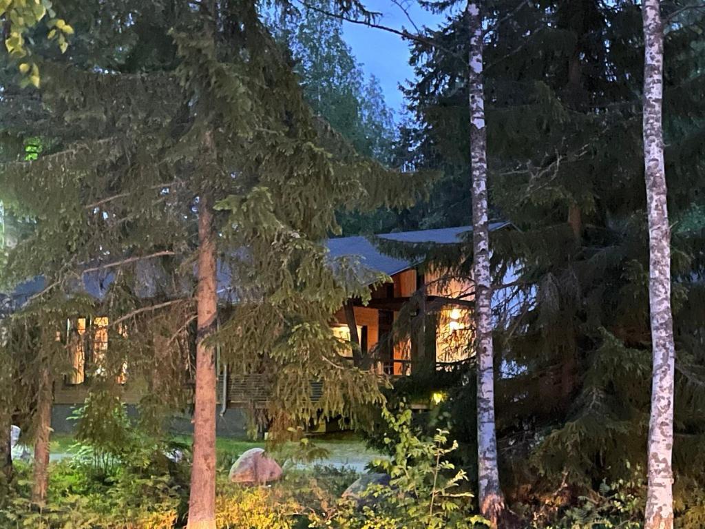 une maison dans les bois la nuit dans l'établissement Imatra Kylpyla Spa Entire Apartment, à Imatra