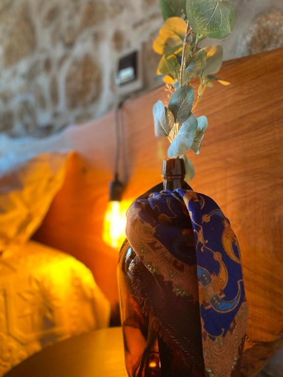 a vase with a plant in it sitting on a table at Emily's House in Castro Daire