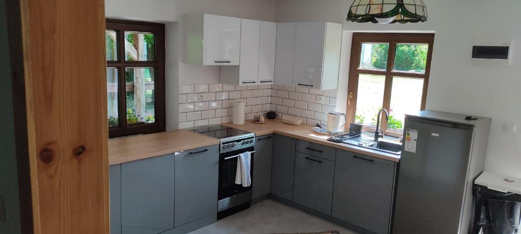 a kitchen with gray cabinets and a stove top oven at Niedźwiedziówka in Mrągowo