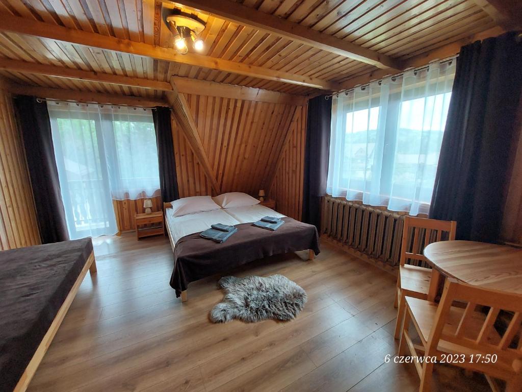 ein Schlafzimmer mit einem Bett und einem Hund auf dem Boden in der Unterkunft Pokoje pod Brzozami - zniżki na Termy i Rowery ! in Czarna Góra