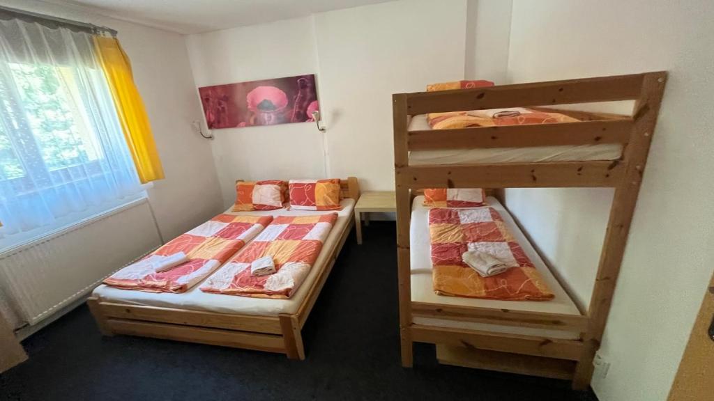 プラーシリにあるApartmány Prášily - Šumavaのベッドルーム1室(二段ベッド2台、窓付)が備わります。