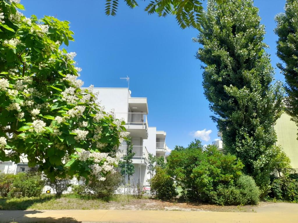 un bâtiment blanc avec des arbres devant lui dans l'établissement Ca' Savio terramare, à Cavallino-Treporti