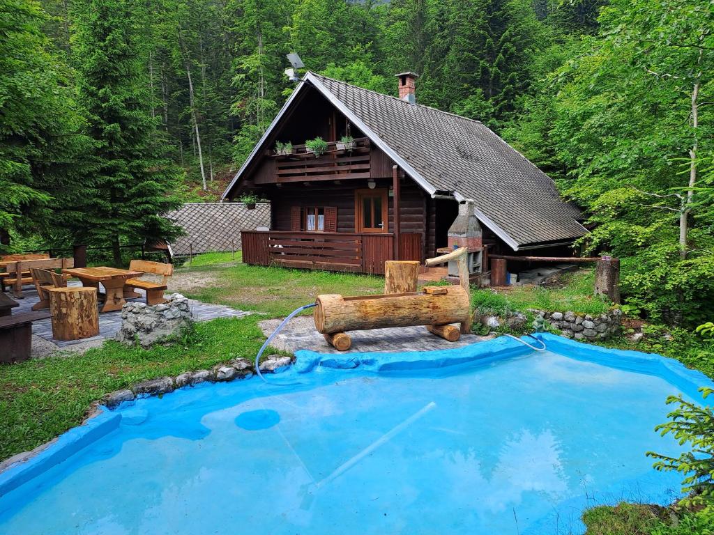 Cabaña de madera con una gran piscina en el patio en Počitniška hiša Jurček, en Žirovnica