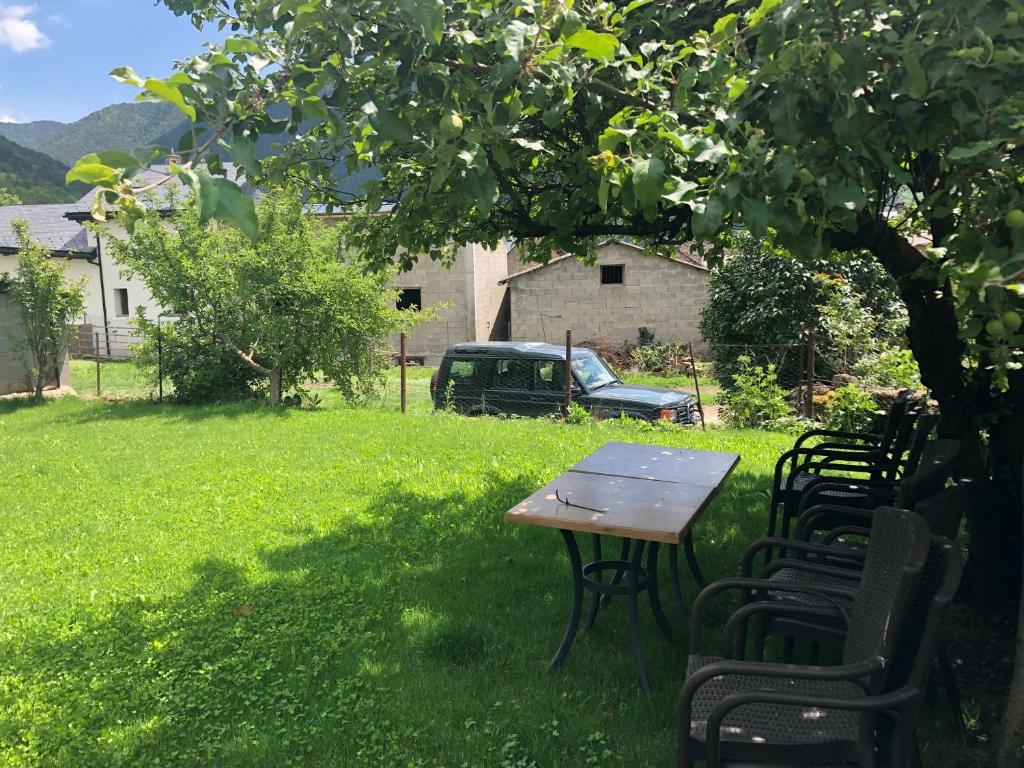 einen Tisch und Stühle unter einem Baum im Hof in der Unterkunft apartamentos casa botero in Sarvisé