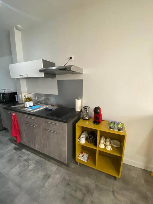 a kitchen with a counter and a yellow shelf at Le Dolaizon, appartement avec ascenseur in Le Puy-en-Velay