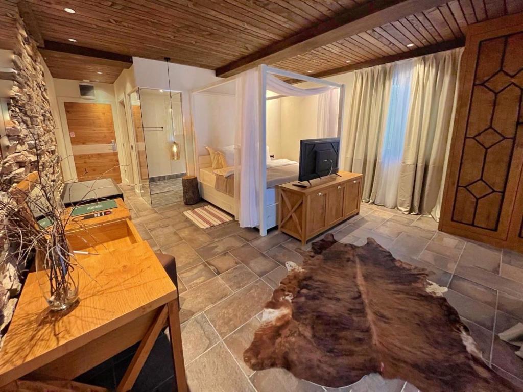 a living room with a television and a bedroom at Vlasinsko jezero VILA BEST in Surdulica