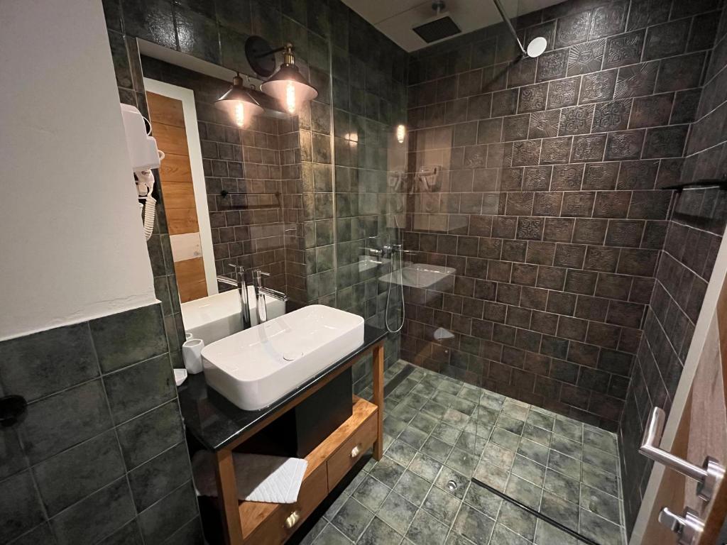 a bathroom with a sink and a shower with a mirror at Vlasinsko jezero VILA BEST in Surdulica