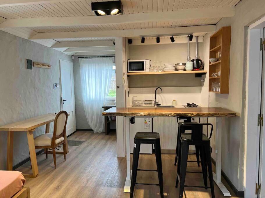 una pequeña cocina con encimera, mesa y sillas en el ranchito en San Martín de los Andes