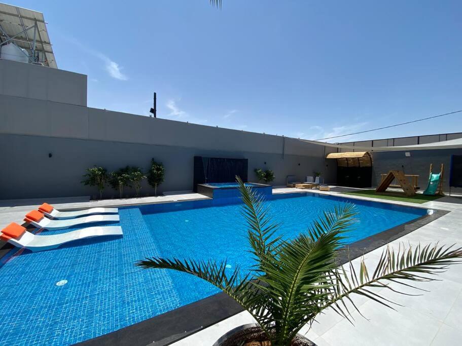 une piscine avec un palmier en face d'un bâtiment dans l'établissement Cactus Dead Sea Jordan, à Al Rama