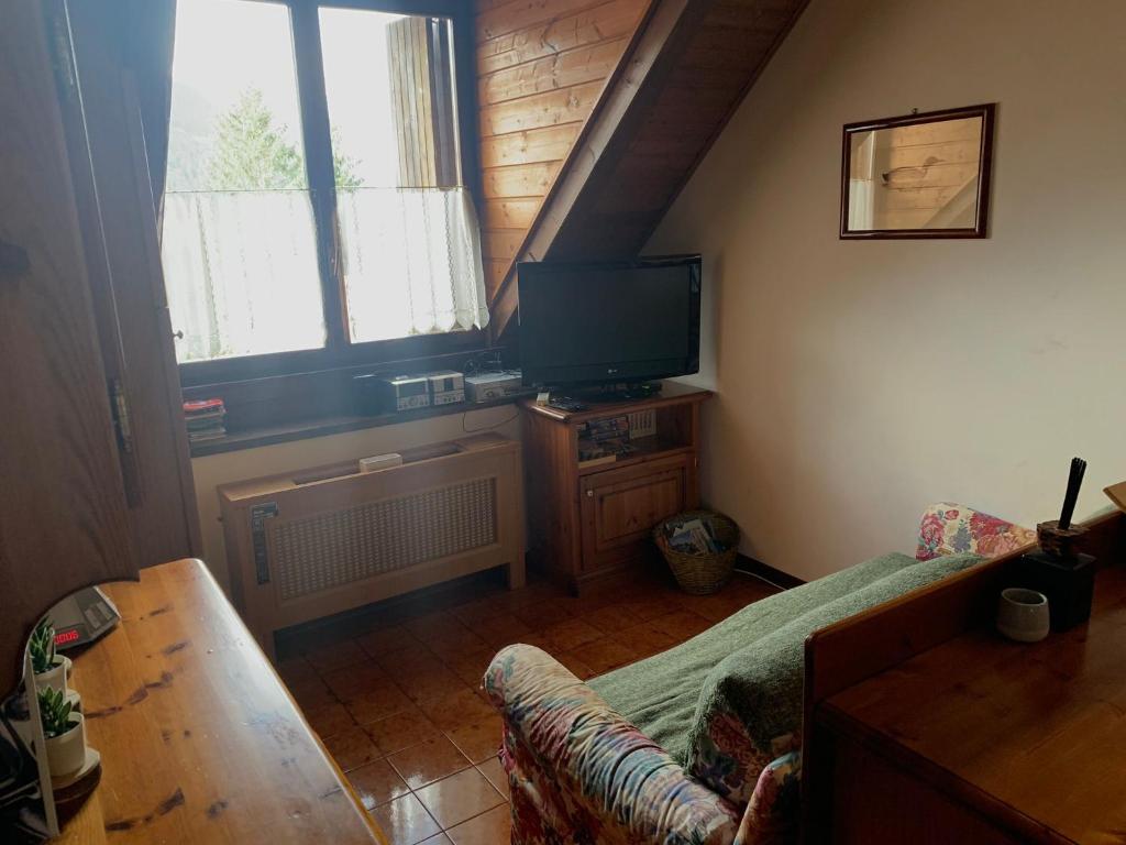 uma sala de estar com um sofá e uma televisão em La casa lassù em Tarvisio