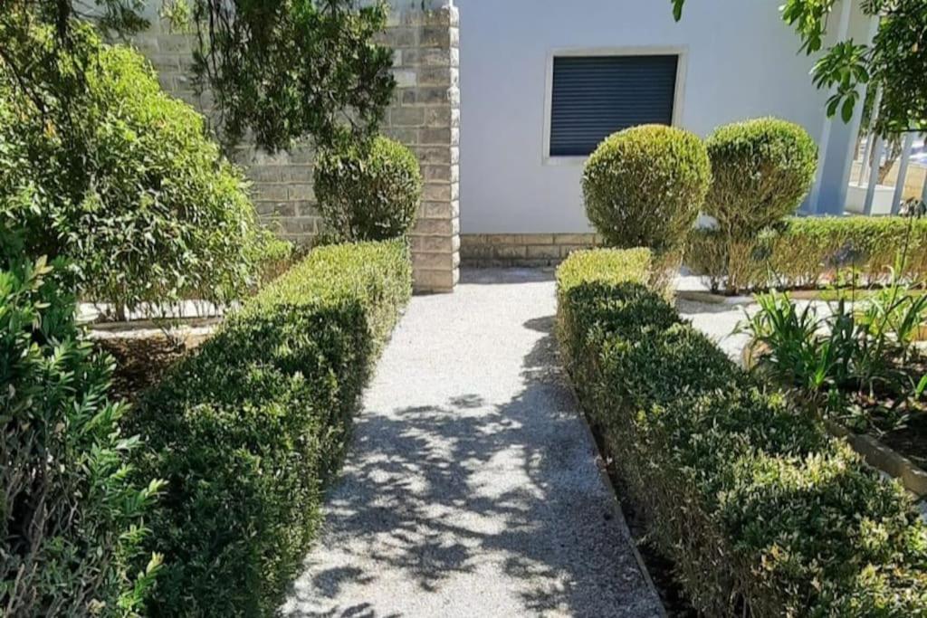 uma passarela num jardim com arbustos e um edifício em Casa com jardim perto da praia em Sesimbra