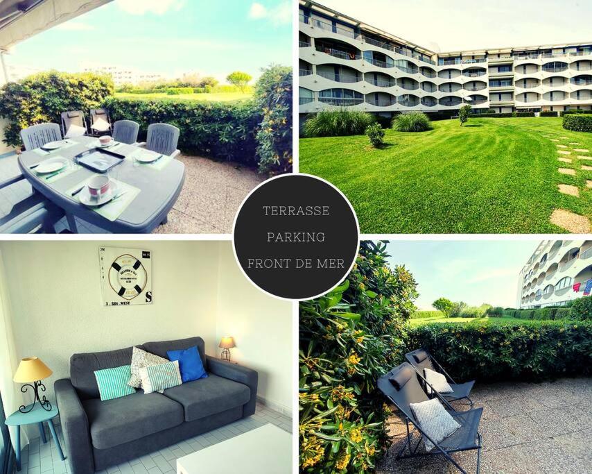 een collage van foto's van een appartement met een tafel en een gebouw bij Belle terrasse a deux pas de la plage et parking prive in La Grande-Motte