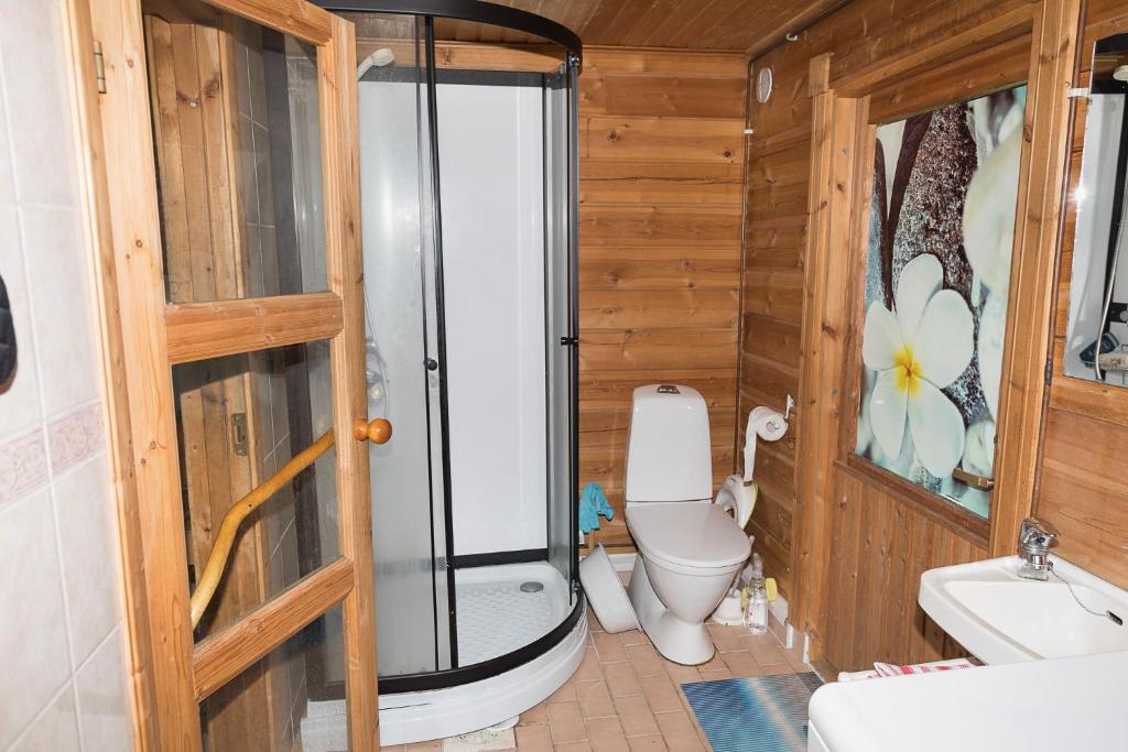 uma casa de banho com um WC e uma cabina de duche em vidro. em Pihlajamäen Lomamökit em Vanhakylä