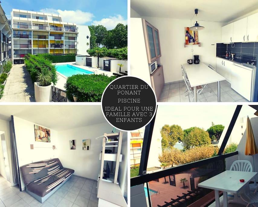 un collage de photos d'une cuisine et d'une maison dans l'établissement T2 au ponant avec piscine, à La Grande Motte