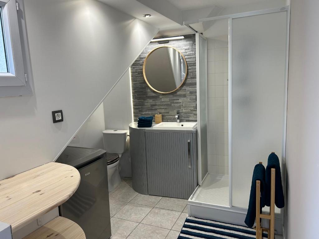 une salle de bain avec un lavabo et un miroir dans l'établissement Coconning studio, à Plauzat