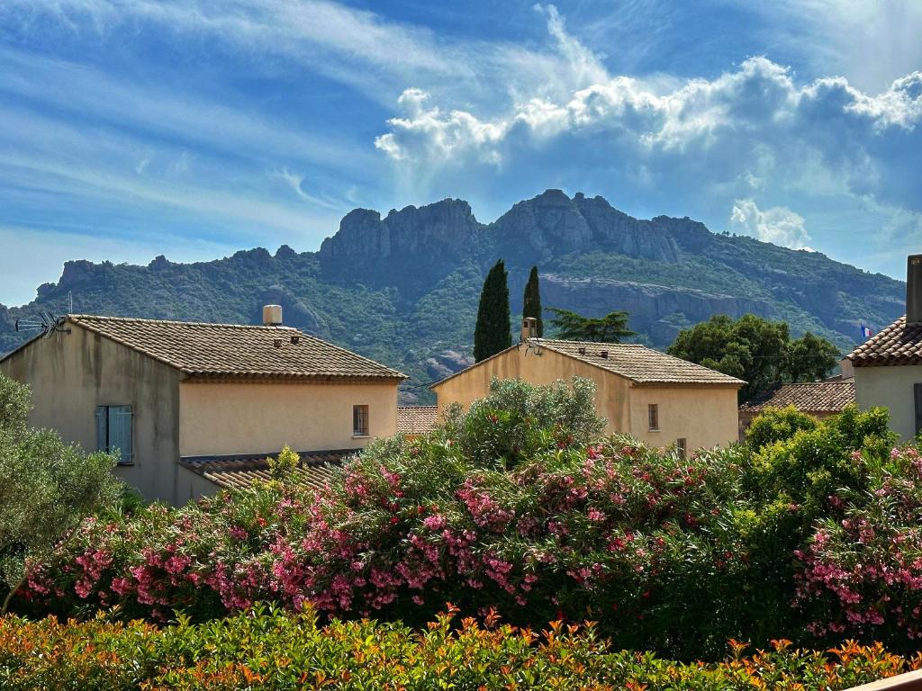 um grupo de casas com montanhas ao fundo em Grand T2 haut de villa calme vue sur le Rocher em Roquebrune-sur-Argens