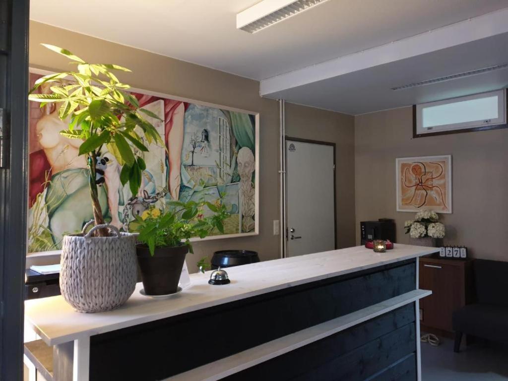 a living room with a potted plant on a counter at Norppa Resort in Savonlinna