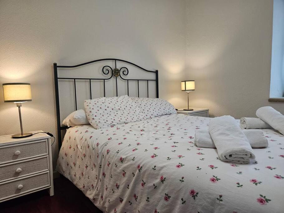 een slaapkamer met een groot bed met bloemen erop bij 13A02 Céntrico 4 dormitorios in Ribadesella