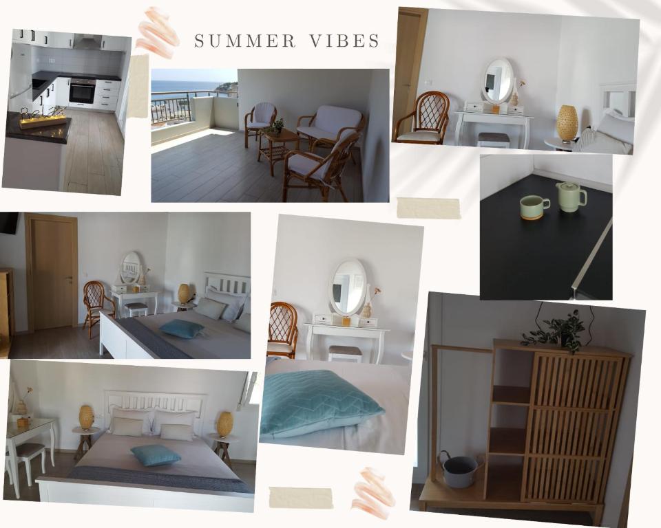 a collage of photos of a living room and dining room at Kerasies Studios in Patitiri
