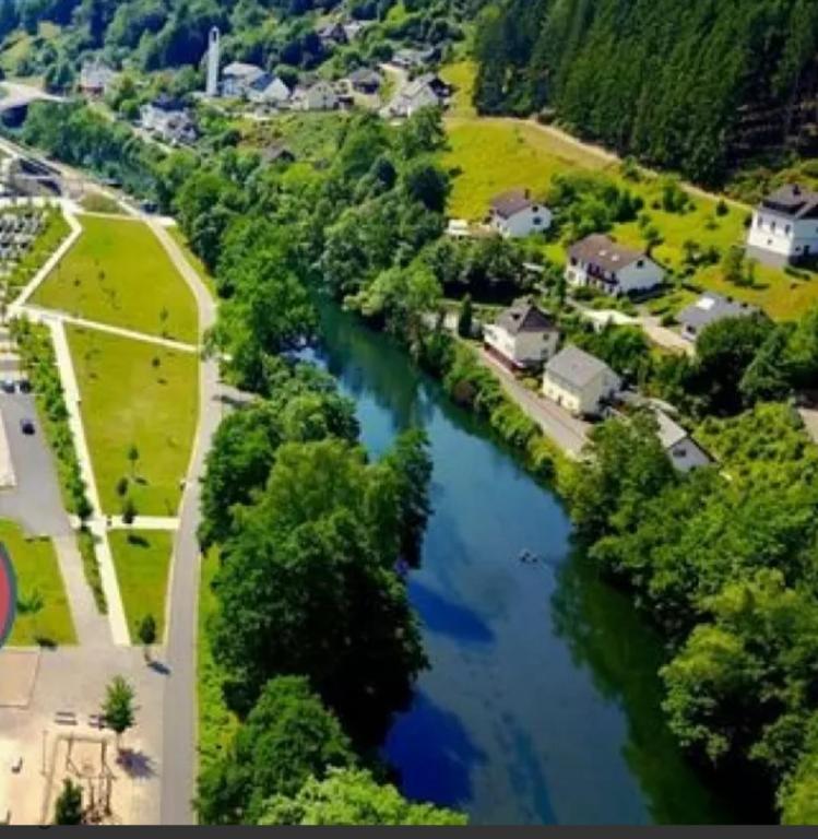 an aerial view of a river in a town at Lenne-Blick Ferienwohnungen-Living Apartment in Finnentrop