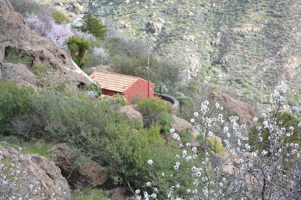 un edificio rosso sul fianco di una montagna di Casa Cueva El Pedregal Tejeda a Tejeda