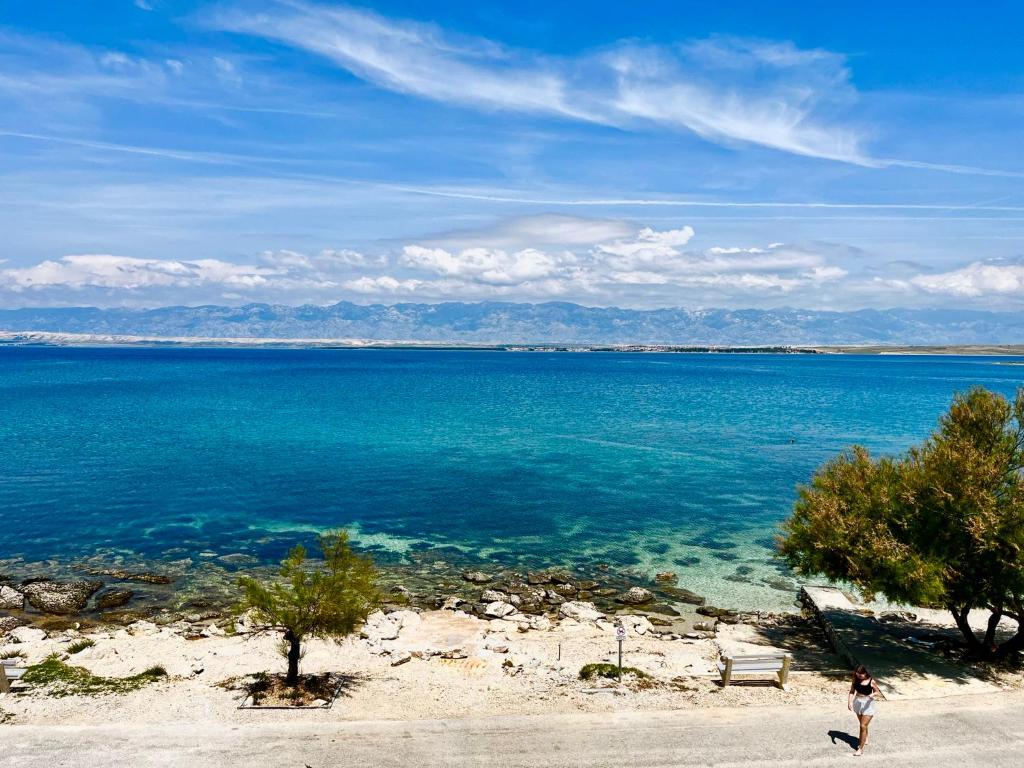 een persoon die op het strand bij het water loopt bij HausMamaMia in Vir