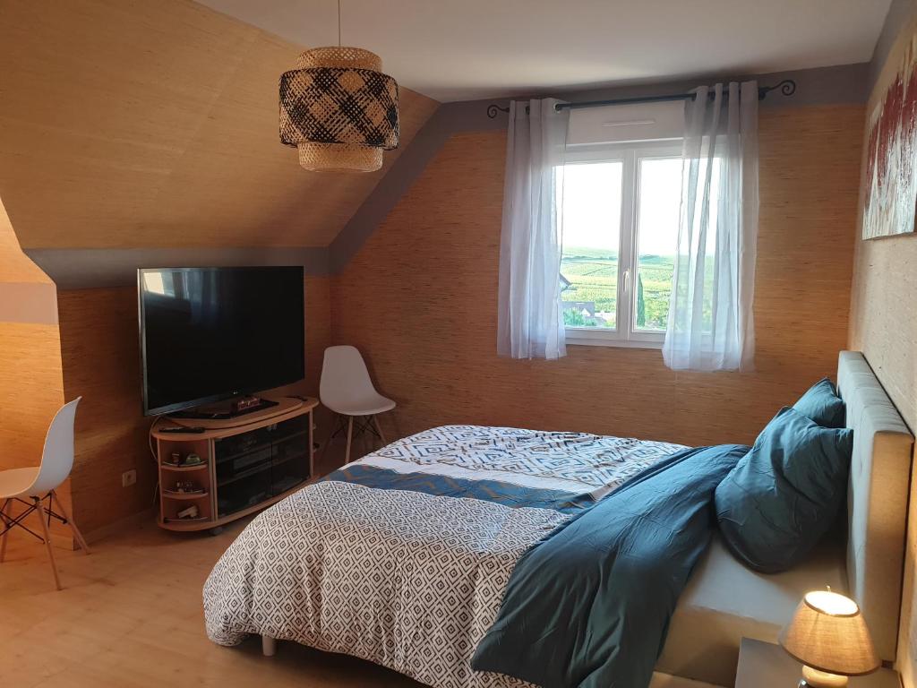 Schlafzimmer mit einem Bett und einem Flachbild-TV in der Unterkunft Les Pressoirs in Nogent-lʼAbbesse