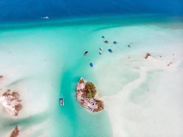 an aerial view of a small island in the ocean at Tours in the lagun in Bacalar