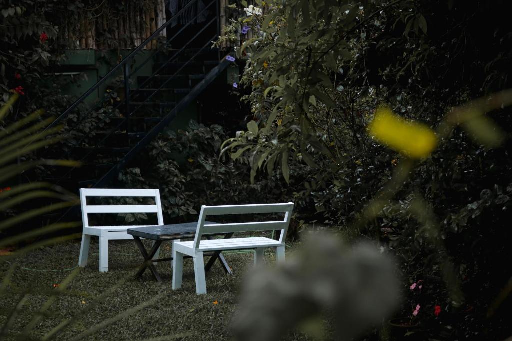 two white chairs and a bench in a yard at Edens Munnar in Munnar
