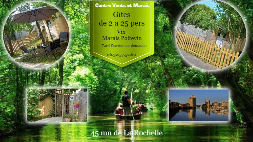 a collage of photos of a man on a boat on a river at Contre Vents et Marais in Vix