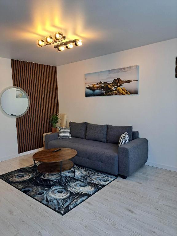 ein Wohnzimmer mit einem Sofa und einem Tisch in der Unterkunft Trumpalaikė apartamentų nuoma centre (Vytauto g.) in Šiauliai