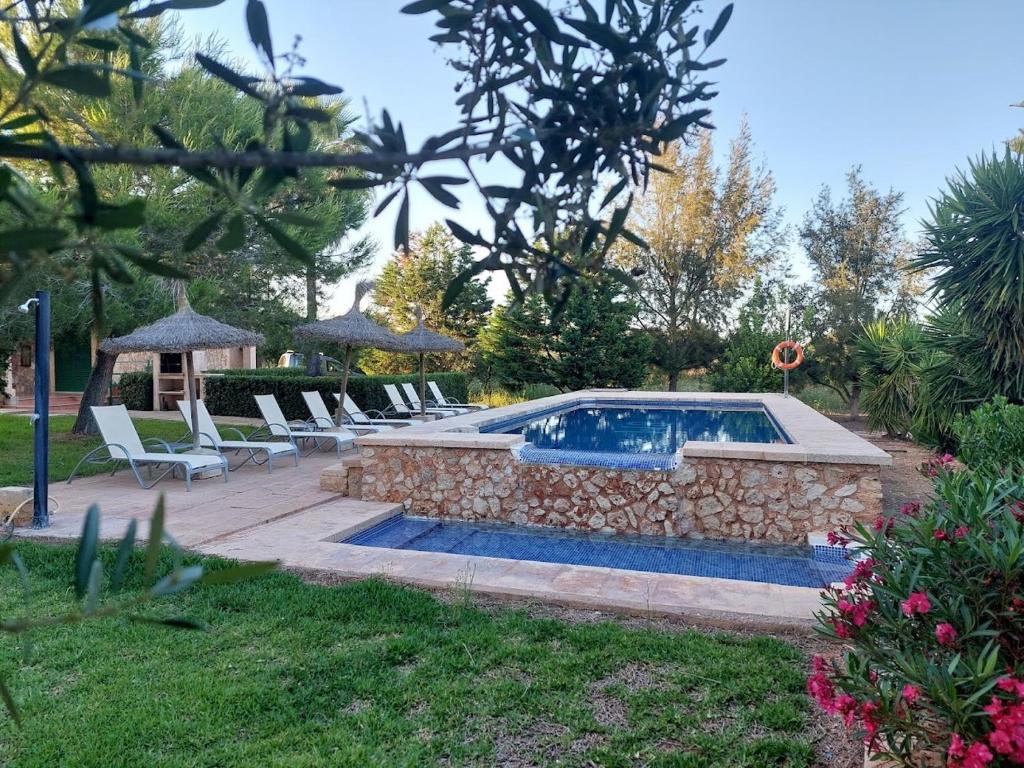 a swimming pool in a yard with lounge chairs at Finca Girasols in Campos