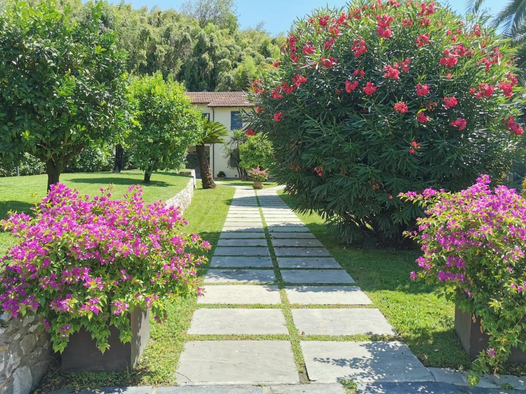 a garden with pink flowers and a stone pathway at Spazio d'arte relais in Pietrasanta