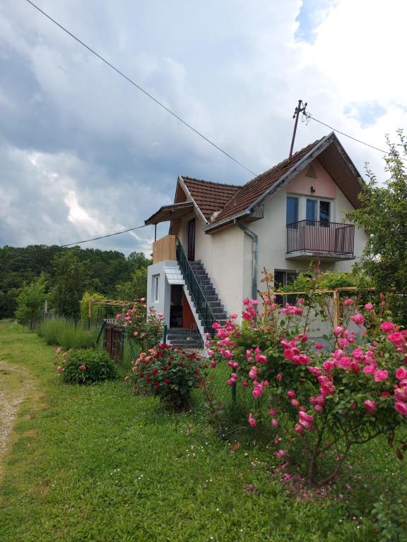 una casa con flores rosas en el patio en Kuca - STUDIO en Požega