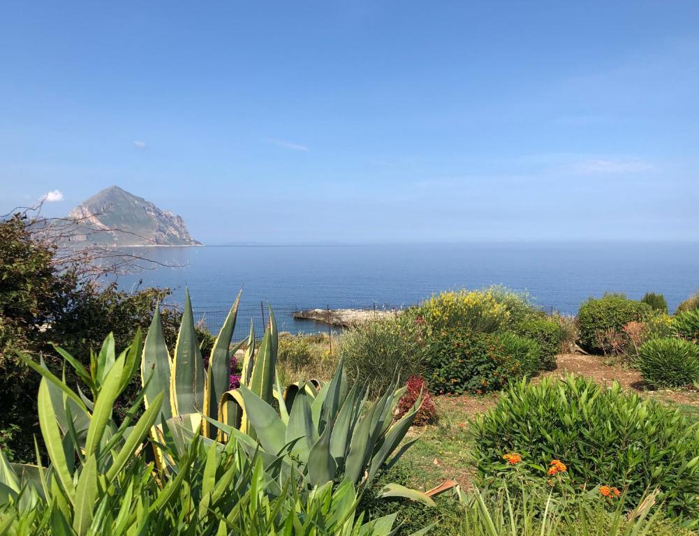 a garden with plants and the ocean in the background at Casa Mamma Bruna in San Vito lo Capo