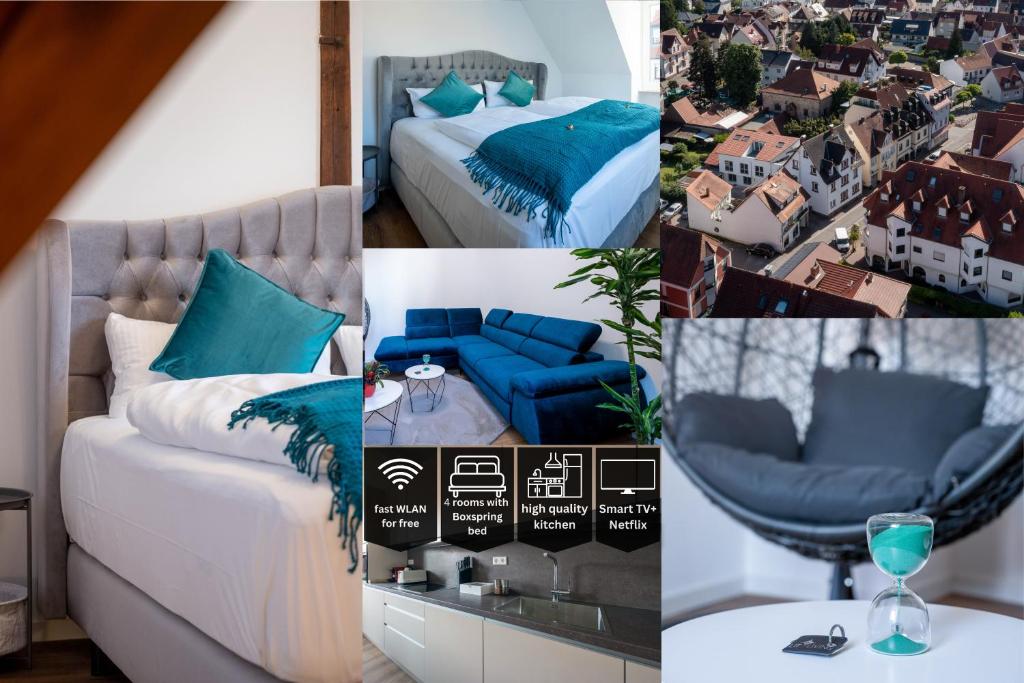 a collage of photos of a hotel room with blue furniture at Lit Living - Luxury - Box Spring - Parking - 4 Bed Rooms - 13 persons - Duplex apartment in Hemsbach