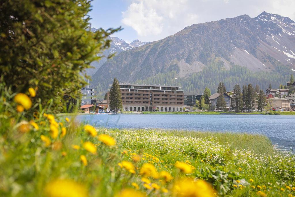 a view of a lake with a building and mountains at Aves Arosa in Arosa