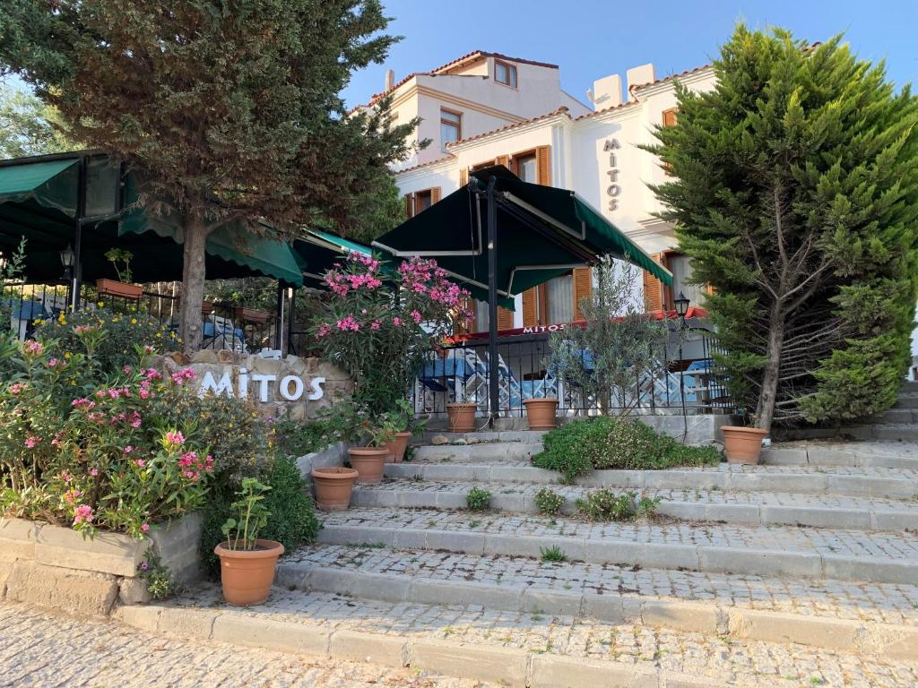 a set of stairs with potted plants and umbrellas at Mitos Hotel in Bozcaada