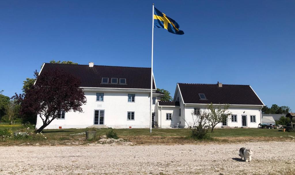 a cat sitting in front of a white building with a flag at Isomegård Väte Gotland in Klintehamn