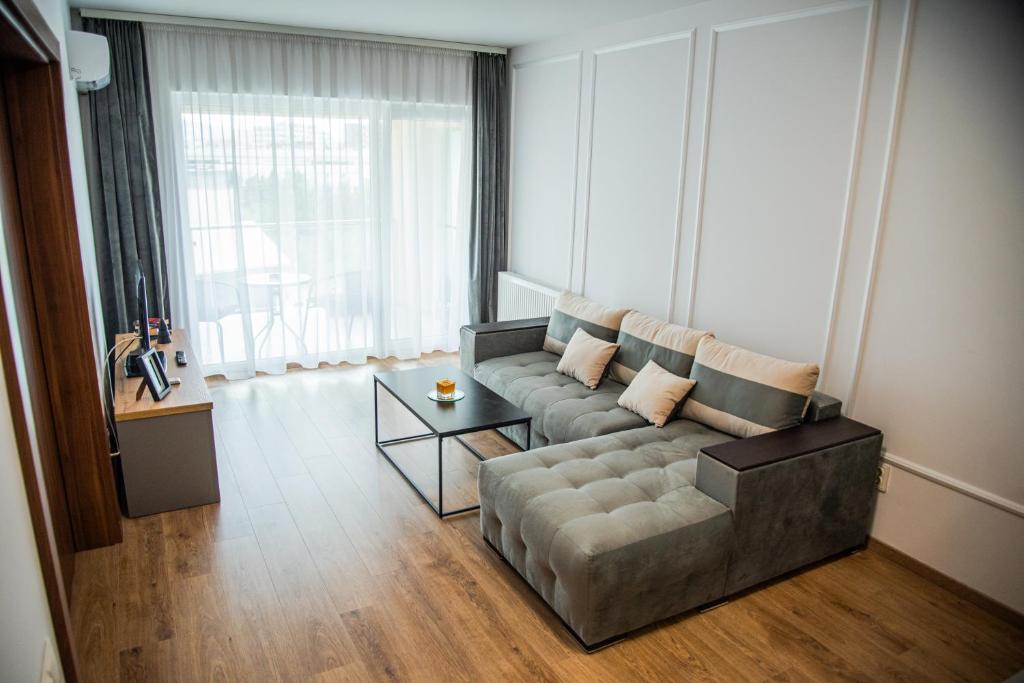 ein Wohnzimmer mit einem Sofa und einem Tisch in der Unterkunft GAVAS APARTMENTS VIVA City in Cluj-Napoca