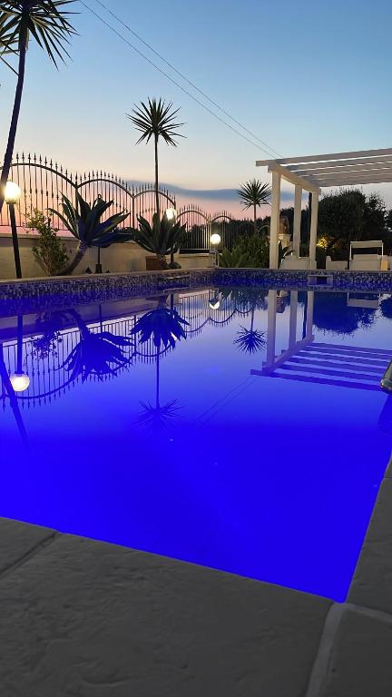 a blue swimming pool with palm trees in the background at Villa Grazia in Capo Vaticano