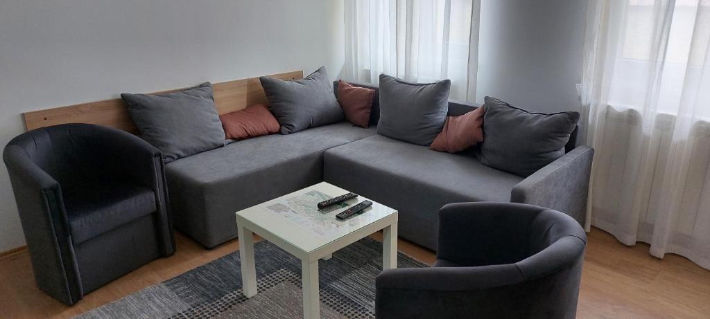 een woonkamer met een grijze bank en 2 stoelen bij Dream in Pančevo