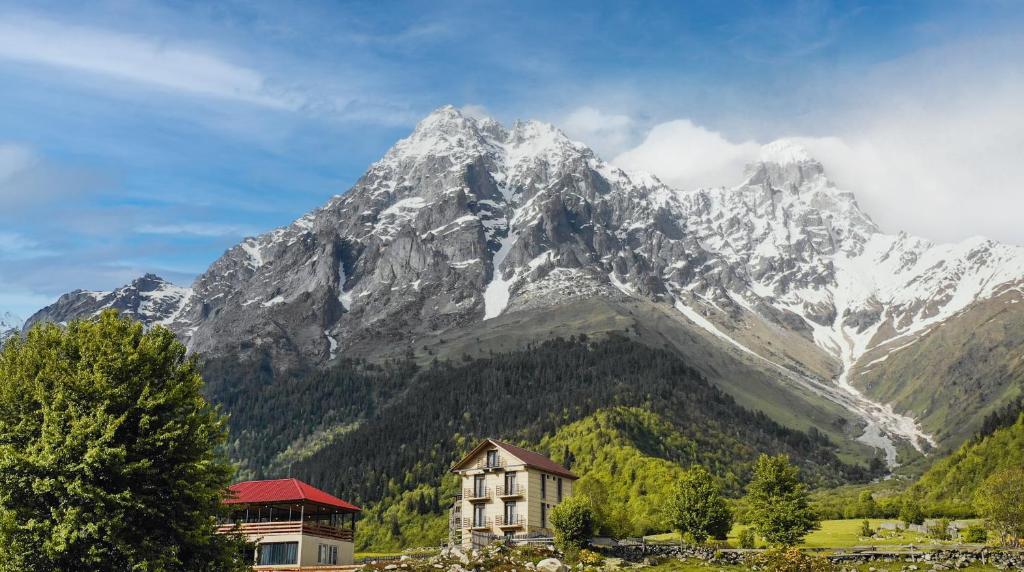 uma grande montanha com uma casa em frente em Panorama Ushba em Mestia