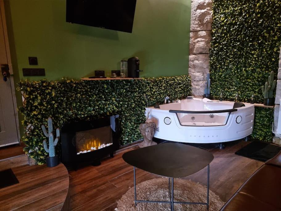 a living room with a bath tub next to a fireplace at Tropic Love Room in Lyon