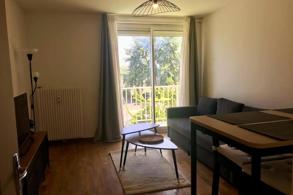 un salon avec un canapé, une table et une fenêtre dans l'établissement Appartement à 2 pas du Mont St-Michel, à Pontorson