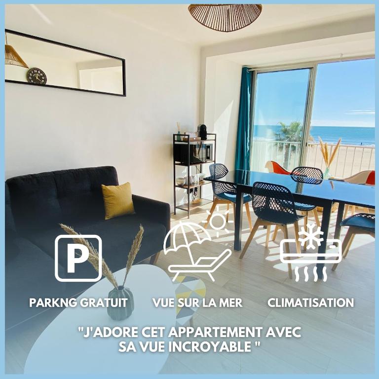 un salon avec un canapé et une table dans l'établissement Évasion - superbe vue mer !, à Canet