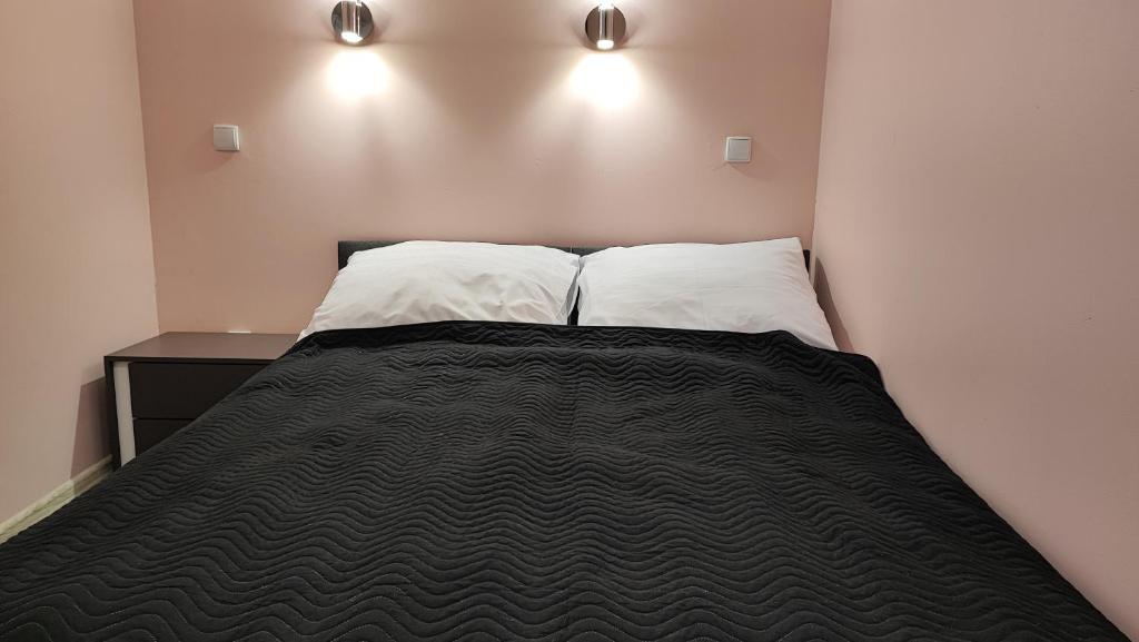 a bed in a small room with two pillows at Pokoje Gościnne Wiki & Ola in Mrzeżyno
