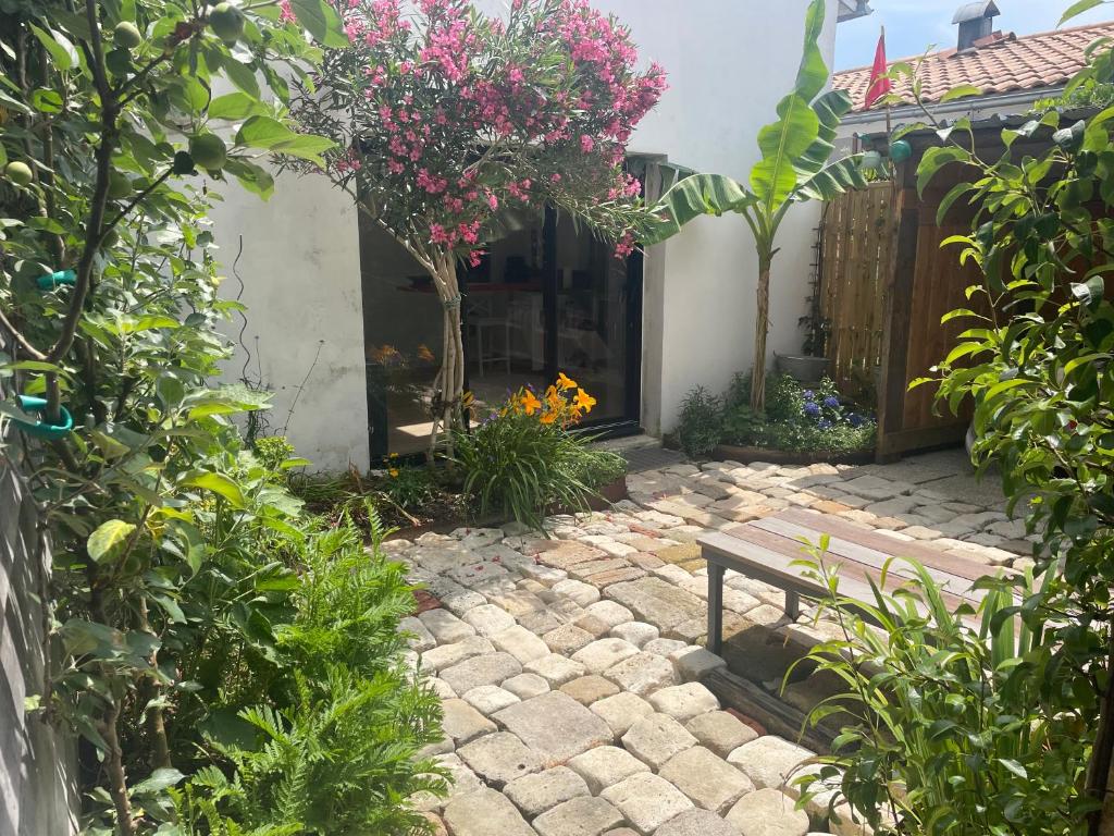 une terrasse en pierre avec un banc dans un jardin dans l'établissement MAISON indépendante avec Jardin, très calme, CENTRE VILLE LA ROCHELLE, à La Rochelle